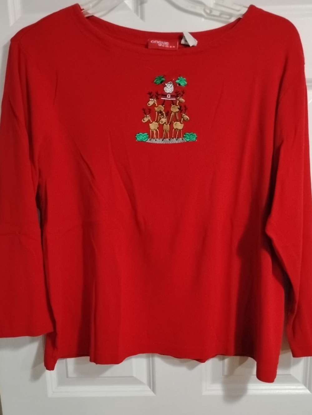 Onque Woman Red Long Sleeve Top with Embroidered Reindeer Stack